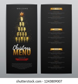 Christmas menu design with golden champagne glasses. Restaurant menu. Pyramid of champagne glasses