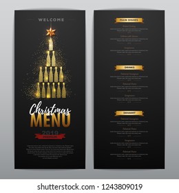 Christmas menu design with golden champagne bottles. Restaurant menu. Pyramid of champagne bottles