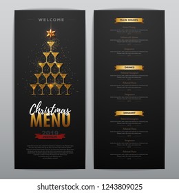 Christmas menu design with golden champagne glasses. Restaurant menu. Pyramid of champagne glasses