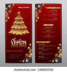 Christmas menu design with golden christmas tree. Restaurant menu.
