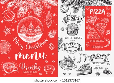 Christmas menu design. Restaurant menu. Hand drawn illustration