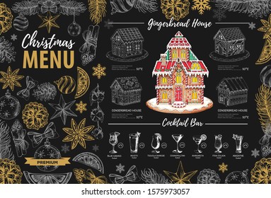 Christmas menu design with sweet gingerbread house and christmas cocktails