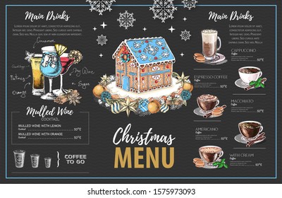 Christmas menu design with sweet gingerbread house, coffee and christmas cocktails