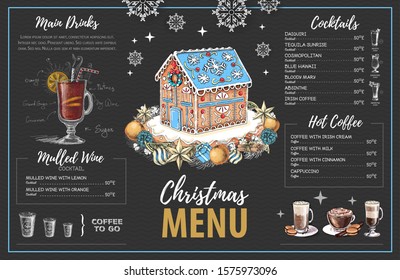 Christmas menu design with sweet gingerbread house, coffee and christmas cocktails
