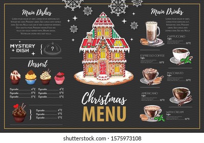 Christmas menu design with sweet gingerbread house, cupcakes and coffee