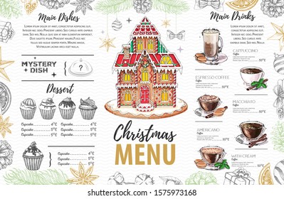 Christmas menu design with sweet gingerbread house, cupcakes and coffee