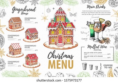 Christmas menu design with sweet gingerbread house and christmas cocktails
