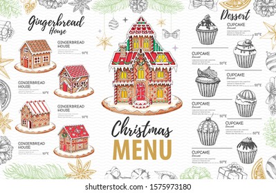 Christmas menu design with sweet gingerbread house and cupcakes
