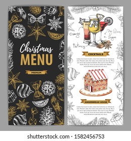 Christmas menu design with sweet gingerbread house and christmas cocktails