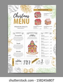 Christmas menu design with sweet gingerbread house and christmas cocktails