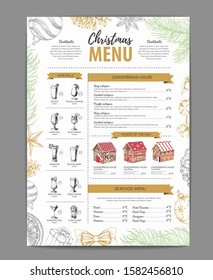 Christmas menu design with sweet gingerbread house and christmas cocktails