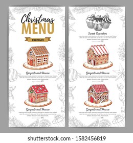 Christmas menu design with sweet gingerbread house and cupcakes. Christmas decorations