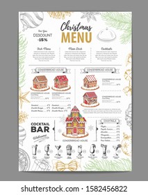 Christmas menu design with sweet gingerbread house and christmas cocktails