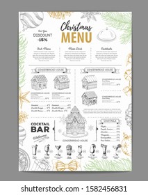 Christmas menu design with sweet gingerbread house and christmas cocktails
