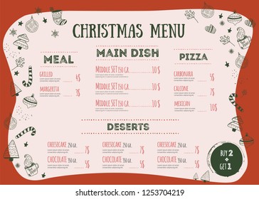Christmas menu design template with lettering. Restaurant background. Vector hand drawn illustration Food and Drink concept