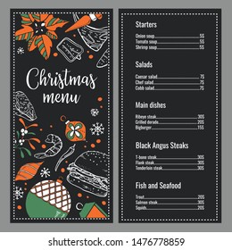 Christmas menu design template for restaurant. Cover with New Year decorations and food. Hand drawn color vector sketch illustration on black background with list of dishes