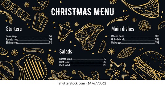 Christmas menu design template for restaurant. Composition with New Year decorations and food. Hand drawn outline vector sketch illustration on black background