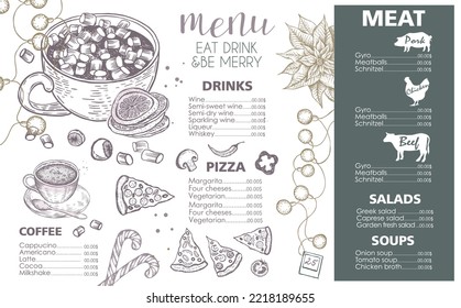 Christmas menu. Design template. Vector hand drawn illustration.	
