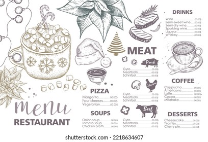 Christmas menu. Design template. Vector hand drawn illustration.	
