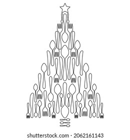 Christmas menu design. Christmas tree with silhouettes tableware. Vector illustration on white background.