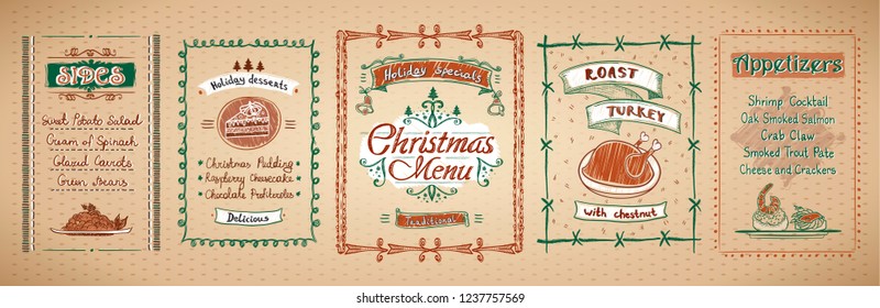 Christmas menu designs set. Vector hand drawn illustration with holidays menu - desserts, sides, main dish, appetizers