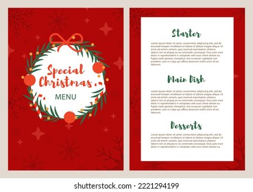 Menú de Navidad para una cena. Nochevieja. Volante de invitaciones para una fiesta navideña en un restaurante.