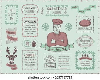 Christmas menu elements set, vector graphic hand drawn illustration with winter holidays menu and chef cook personage. Holiday desserts, breakfast, main dishes, appetizers, etc.