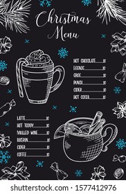 Christmas menu with hand drawn hot drinks. Sketch decoration for your design. Brush modern calligraphy. Vector illustration