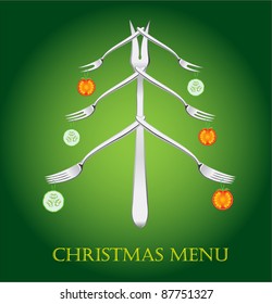 Christmas menu. Holiday vector illustration with fork, tomato and cucumber