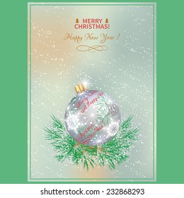 Christmas menu. Pine branches and Christmas ball on blurred background