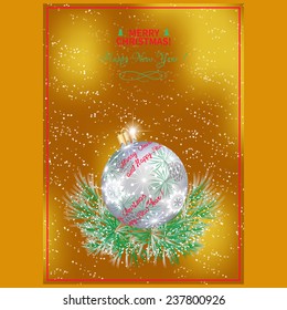 Christmas menu. Pine branches and Christmas ball on blurred background