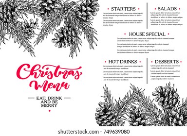 Christmas Menu.  Restaurant And Cafe Template. Vector Hand Drawn Illustration With Fir Tree, Evergreen, Pine Cone. Engraved Traditional Xmas Botanical Decoration. Food And Drink Brouchure.