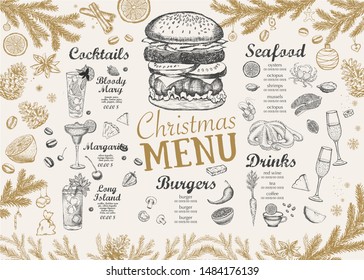 Christmas menu. Restaurant menu. Hand drawn illustration.