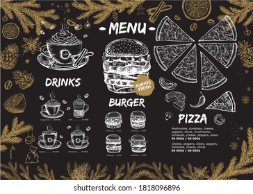 menú de Navidad. Menú de restaurante, diseño de plantilla. Volante de comida.