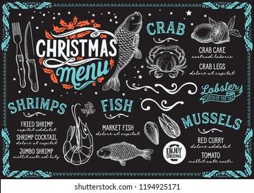 Christmas Menu For Seafood Restaurant On A Blackboard Vector Illustration Brochure For Xmas Dinner Celebration. Design Poster With Vintage Lettering And Holiday Hand-drawn Graphic Decorations.