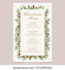 Christmas menu set with pine leaves decoration. Vector illustration restaurant or cafe set menu with starter food, main course, dessert and beverage.