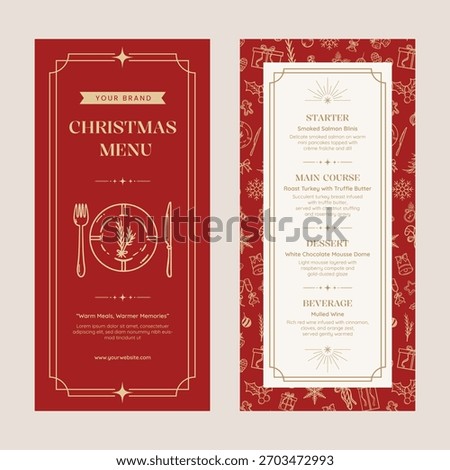 Christmas menu template with back and front Side in red gold theme. Vector illustration restaurant or cafe set menu with starter food, main course, dessert and beverage.