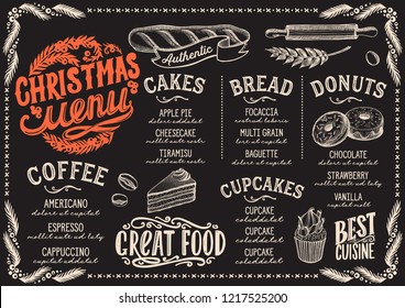 Christmas menu template for bakery and dessert cafe on a blackboard background vector illustration brochure for holiday dinner celebration. Design poster with vintage lettering and hand-drawn graphic.