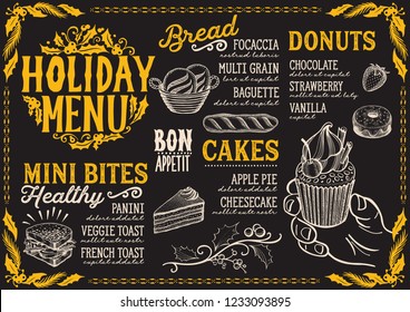 Christmas menu template for bakery and dessert cafe on a blackboard background vector illustration for xmas dinner celebration. Design poster with vintage lettering and holiday hand-drawn graphic.