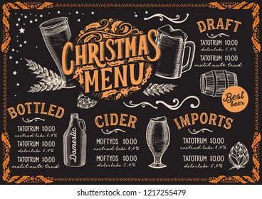 Christmas menu template for beer restaurant and bar on a blackboard background vector illustration brochure for holiday celebration. Design poster with vintage lettering and hand-drawn graphic.