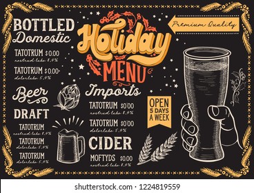 Christmas menu template for beer restaurant and bar on a blackboard background vector illustration for xmas night celebration. Design poster with vintage lettering and holiday hand-drawn graphic.