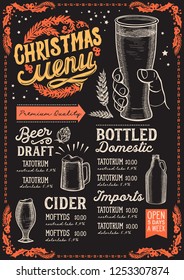 Christmas menu template for beer restaurant and bar on a blackboard background vector illustration brochure for xmas night celebration. Design poster with vintage lettering and hand-drawn graphic.