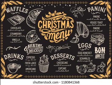 Christmas menu template for brunch on a blackboard vector illustration brochure for xmas dinner celebration. Design poster with vintage lettering and holiday hand-drawn graphic decorations.