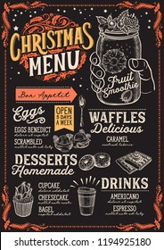 Christmas menu template for brunch on a blackboard background vector illustration brochure for xmas dinner celebration. Design poster with vintage lettering and holiday hand-drawn graphic decorations.