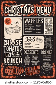 Christmas menu template for brunch on a blackboard background vector illustration brochure for xmas dinner celebration. Poster with vintage lettering and holiday hand-drawn graphic decorations.