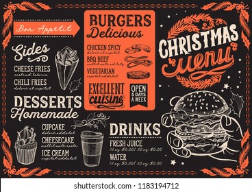Christmas menu template for burger restaurant and cafe on a blackboard background vector illustration for xmas dinner celebration. Design poster with vintage lettering and holiday hand-drawn graphic.