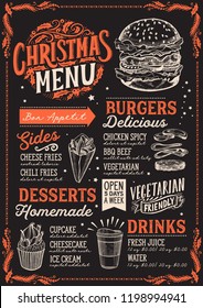 Christmas menu template for burger restaurant and cafe on a blackboard background vector illustration brochure for xmas dinner celebration. Design poster with vintage lettering.