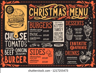 Christmas menu template for burger restaurant and cafe on a chalkboard background vector illustration brochure for xmas dinner celebration. Design poster with vintage lettering and holiday hand-drawn.