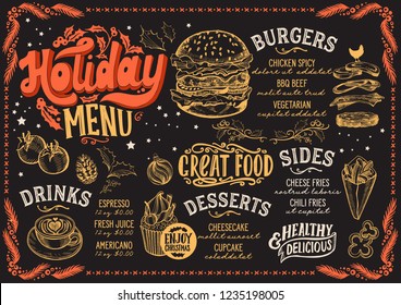 Christmas menu template for burger restaurant and on a blackboard background vector illustration brochure for xmas dinner celebration. Design poster with vintage lettering and holiday graphic.