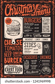 Christmas menu template for burger restaurant and cafe on a blackboard background vector illustration brochure for xmas dinner celebration. Design poster with lettering and hand-drawn graphic.